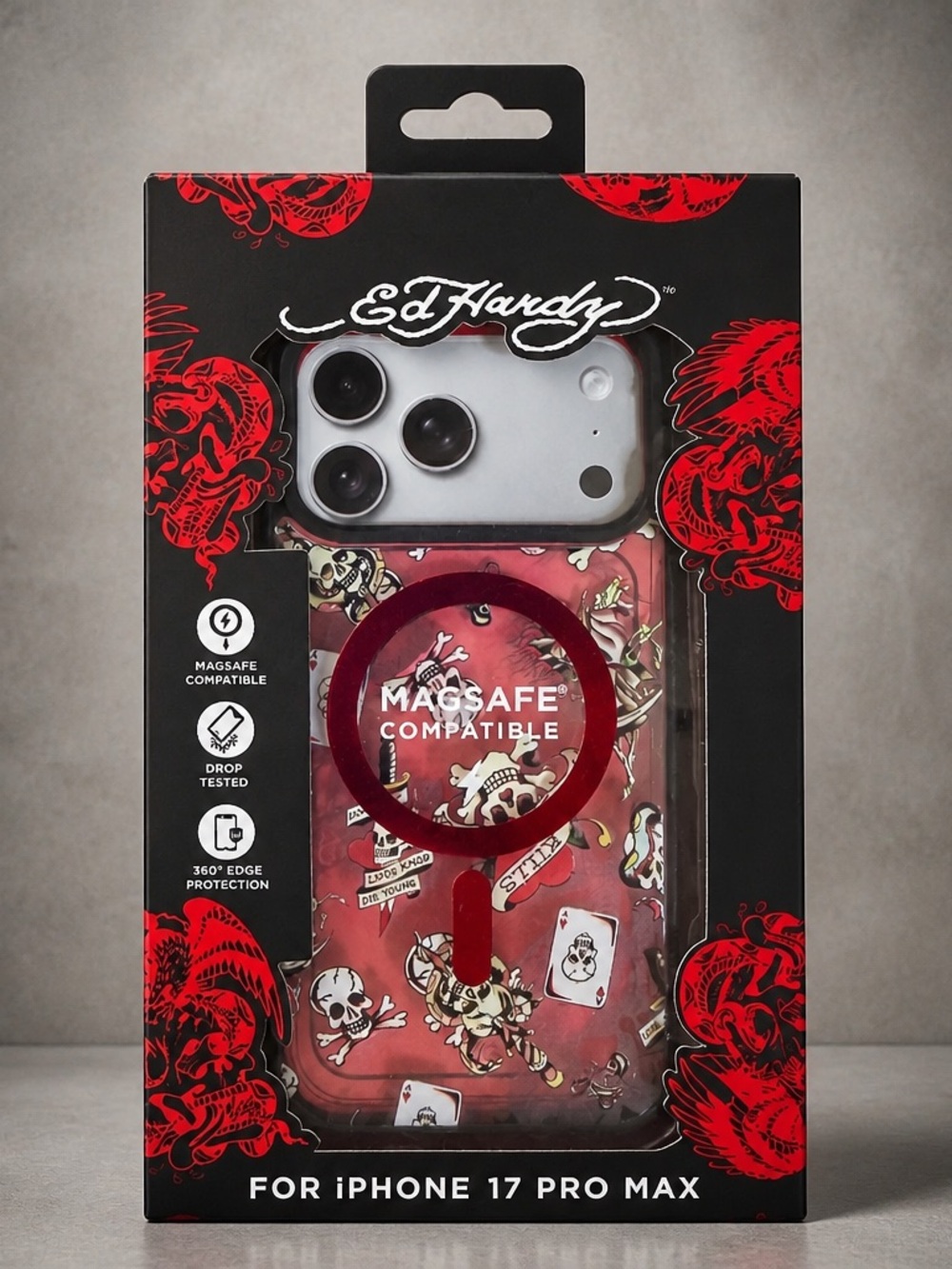 Ed Hardy iPhone 17 Pro Max Case MagSafe Compatible Red Tattoo Design